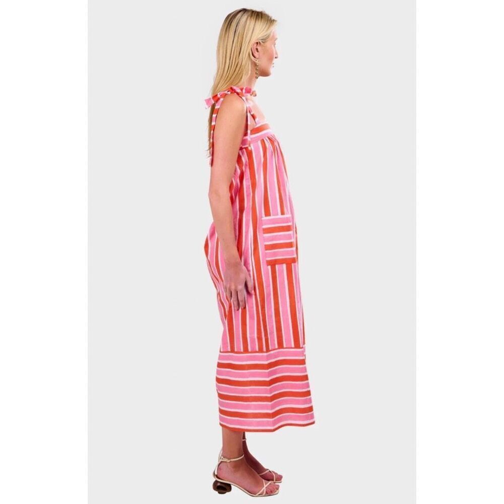 Pink City Prints Raspberry Stripe Palma Dress Small Tie Strap Midi Pockets - Picture 2 of 9